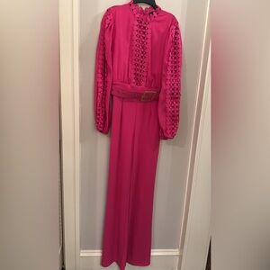 Versace-style hot pink pantsuit with gold detail belt - worn once